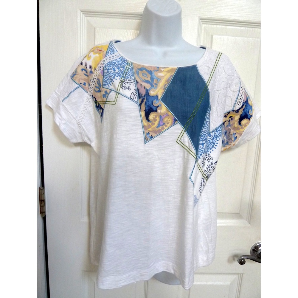 CHICO'S Sz 1=8/10, Med. Short Dolman Sleeve Patchwork Tee Top Cottage